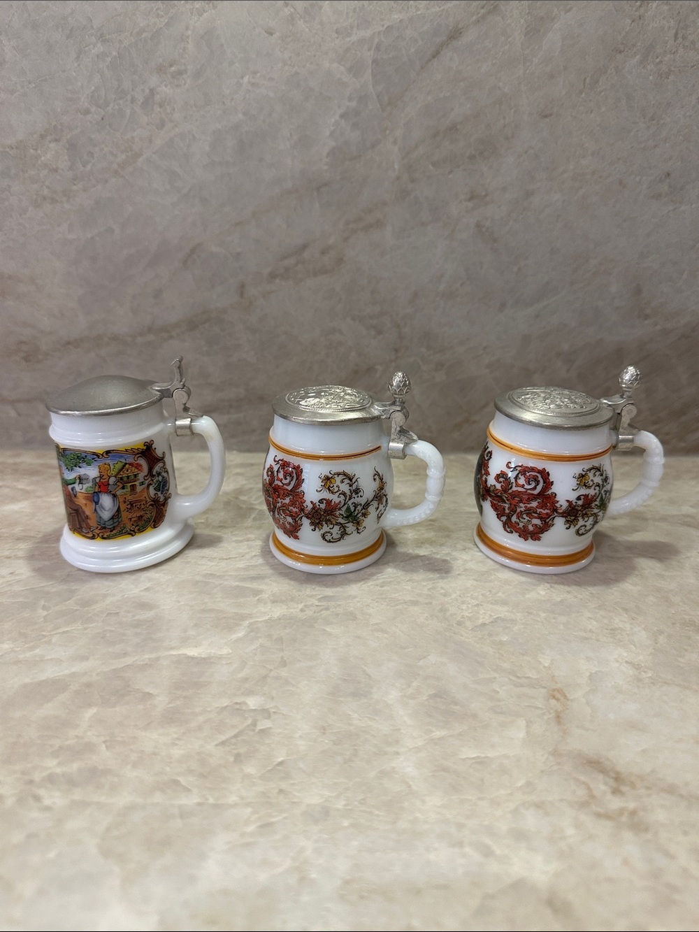 Vintage BMF German Beer Steins Set of 3 Milk Glass Zinn Pewter Lids